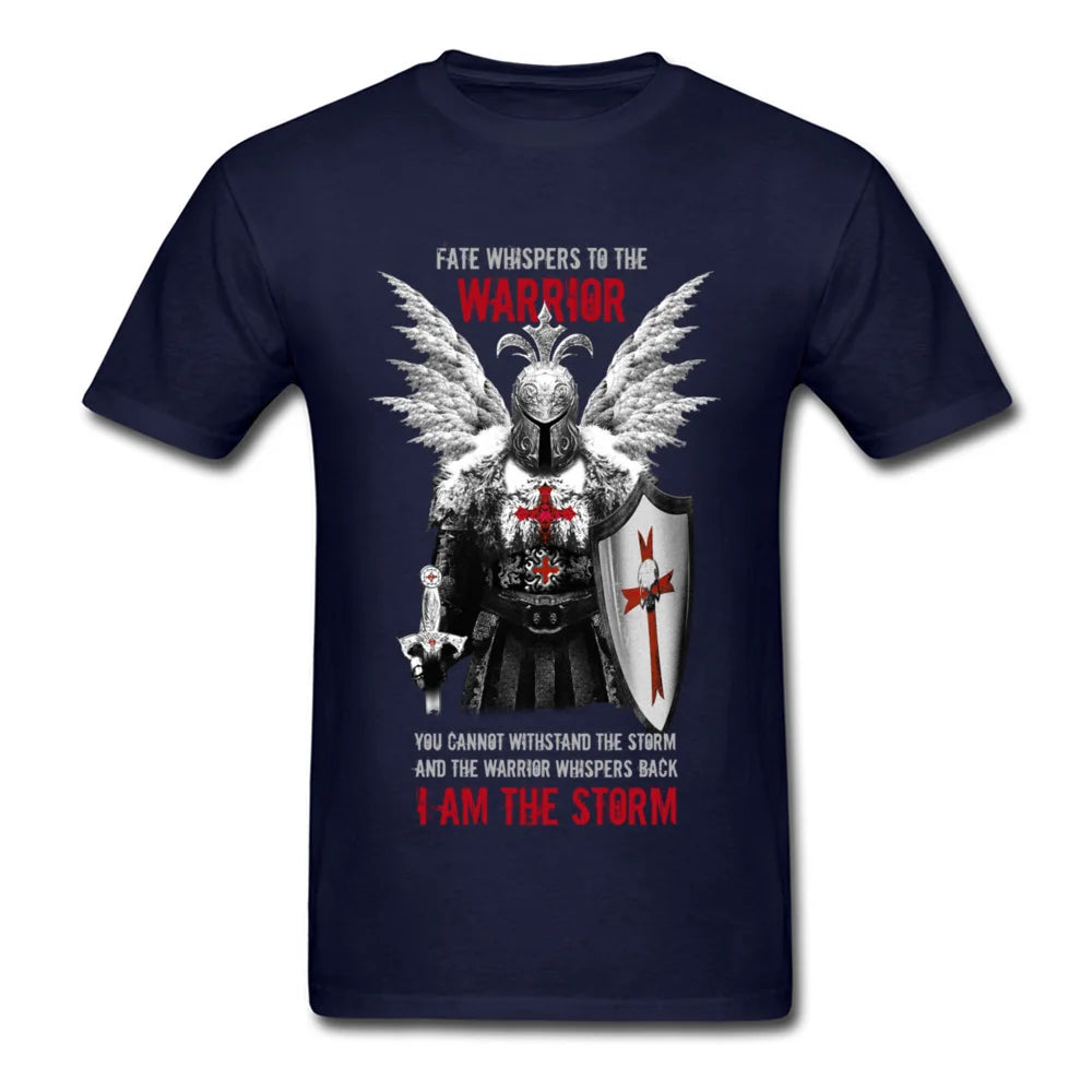 Fashion Men T Shirt Knights Templar Warrior Print Manly Male Black Tops Tees Pure Cotton No Fade Vintage Design T-shirt