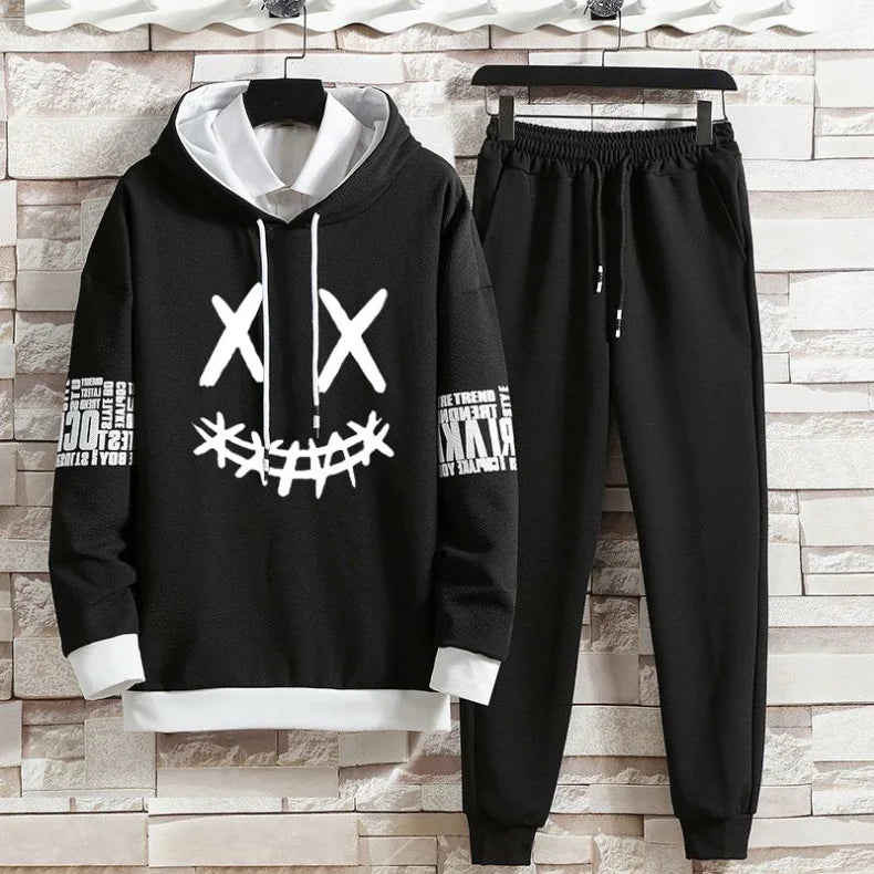 Hoodie set early autumn new casual men's thin hoodie men's trendy printed casual set