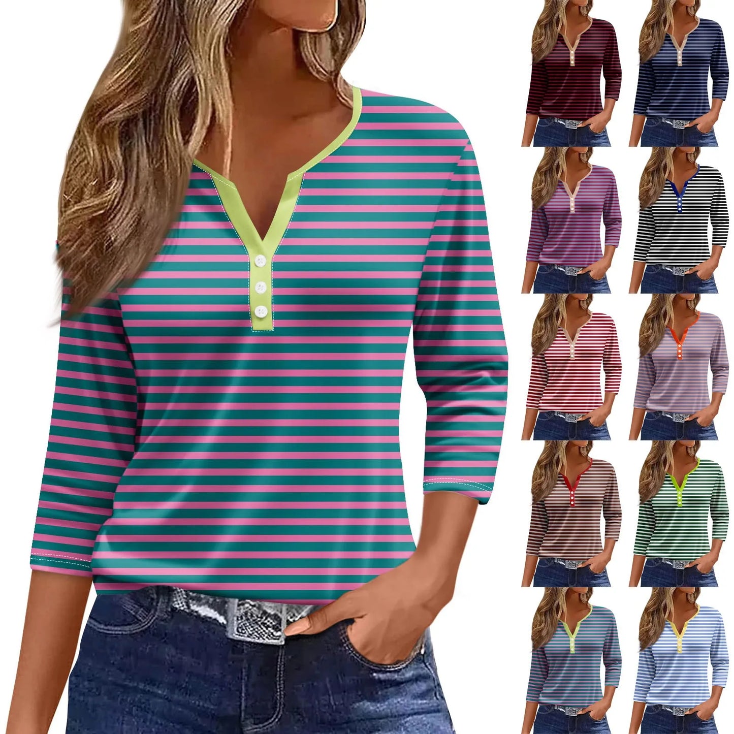 Tops For Women Women'S T Shirt Tee Print Button 3/4 Sleeve Daily Weekend Fashion Basic V Neck Regular Top Ropa De Mujer New