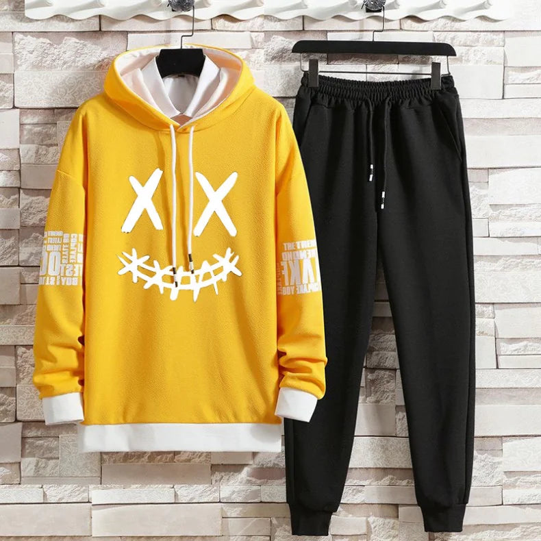 Hoodie set early autumn new casual men's thin hoodie men's trendy printed casual set