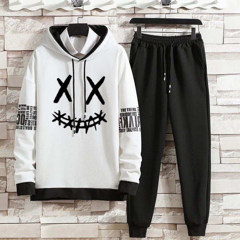 Hoodie set early autumn new casual men's thin hoodie men's trendy printed casual set