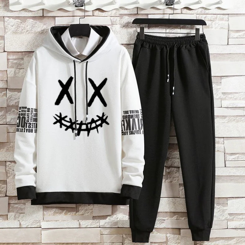 Hoodie set early autumn new casual men's thin hoodie men's trendy printed casual set