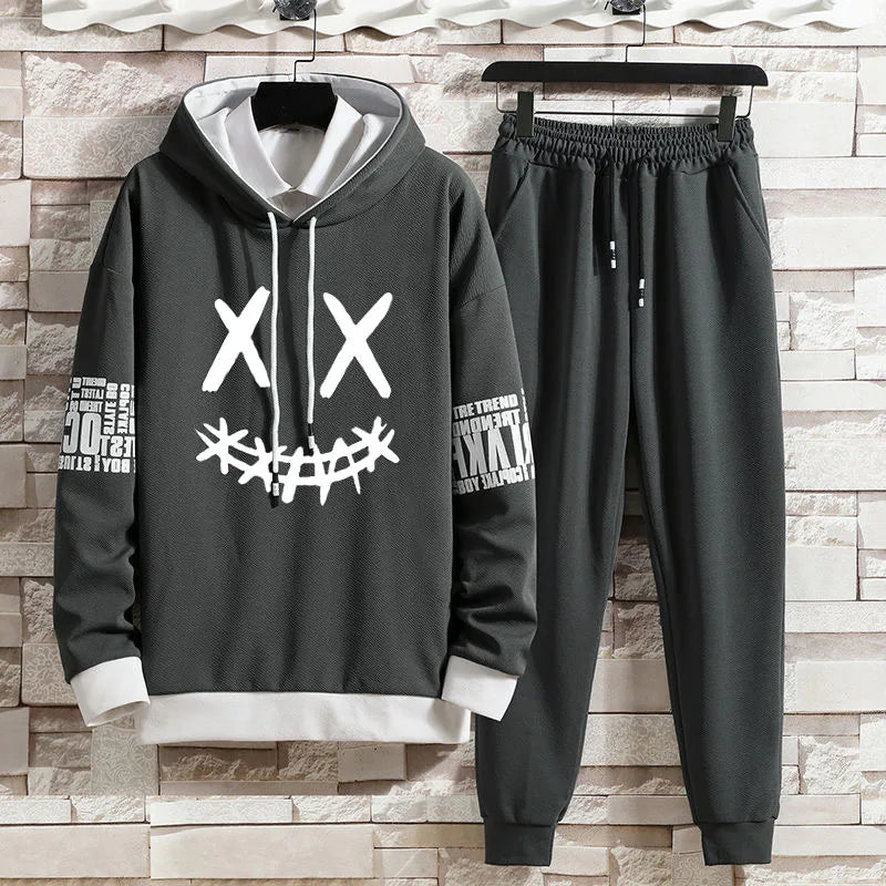 Hoodie set early autumn new casual men's thin hoodie men's trendy printed casual set