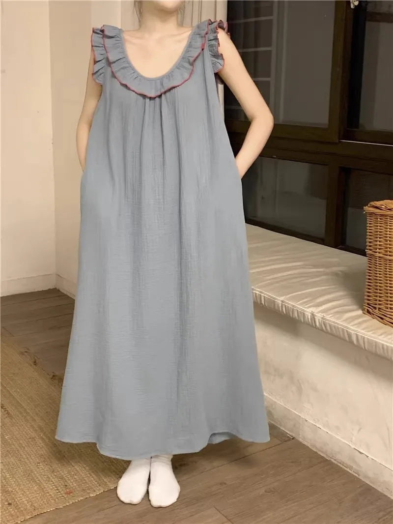 Women's Pajamas Dress Sexy Backless Nightgown Sleeveless Ruffles Loose Sleepwear Loungewear Ladies Solid Nightwear Homewear