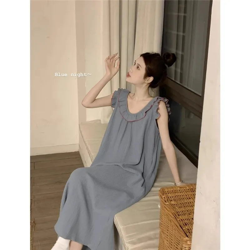 Women's Pajamas Dress Sexy Backless Nightgown Sleeveless Ruffles Loose Sleepwear Loungewear Ladies Solid Nightwear Homewear