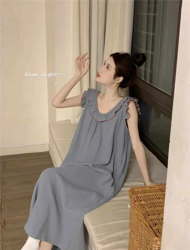 Women's Pajamas Dress Sexy Backless Nightgown Sleeveless Ruffles Loose Sleepwear Loungewear Ladies Solid Nightwear Homewear