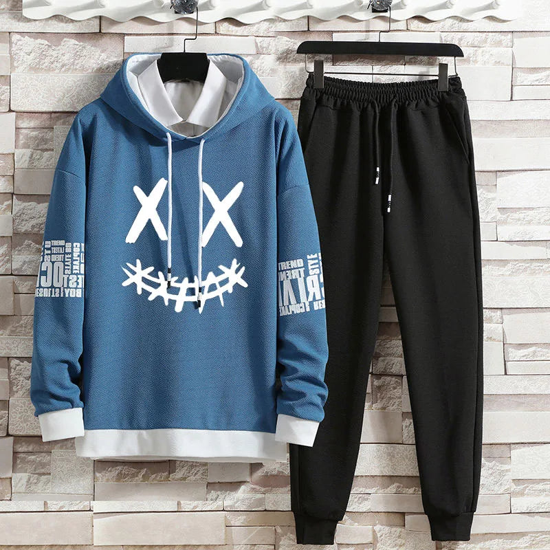 Hoodie set early autumn new casual men's thin hoodie men's trendy printed casual set