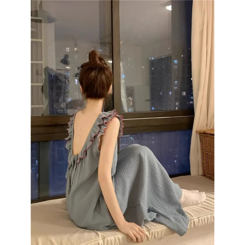 Women's Pajamas Dress Sexy Backless Nightgown Sleeveless Ruffles Loose Sleepwear Loungewear Ladies Solid Nightwear Homewear