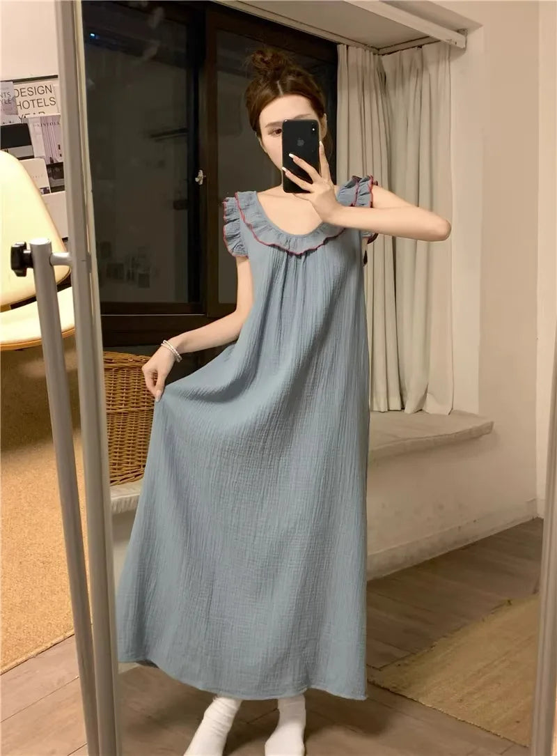 Women's Pajamas Dress Sexy Backless Nightgown Sleeveless Ruffles Loose Sleepwear Loungewear Ladies Solid Nightwear Homewear
