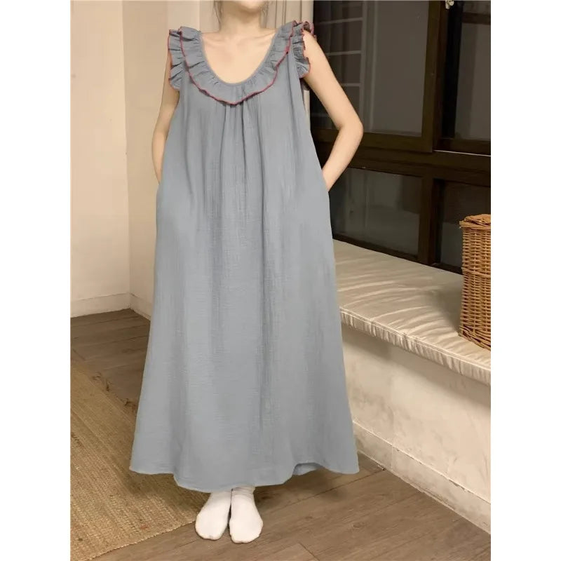 Women's Pajamas Dress Sexy Backless Nightgown Sleeveless Ruffles Loose Sleepwear Loungewear Ladies Solid Nightwear Homewear
