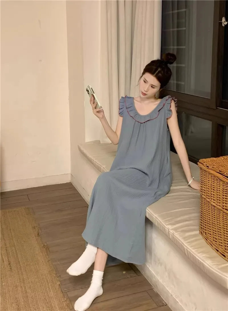 Women's Pajamas Dress Sexy Backless Nightgown Sleeveless Ruffles Loose Sleepwear Loungewear Ladies Solid Nightwear Homewear