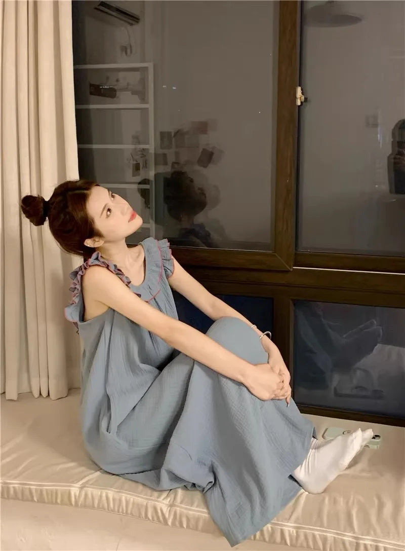 Women's Pajamas Dress Sexy Backless Nightgown Sleeveless Ruffles Loose Sleepwear Loungewear Ladies Solid Nightwear Homewear