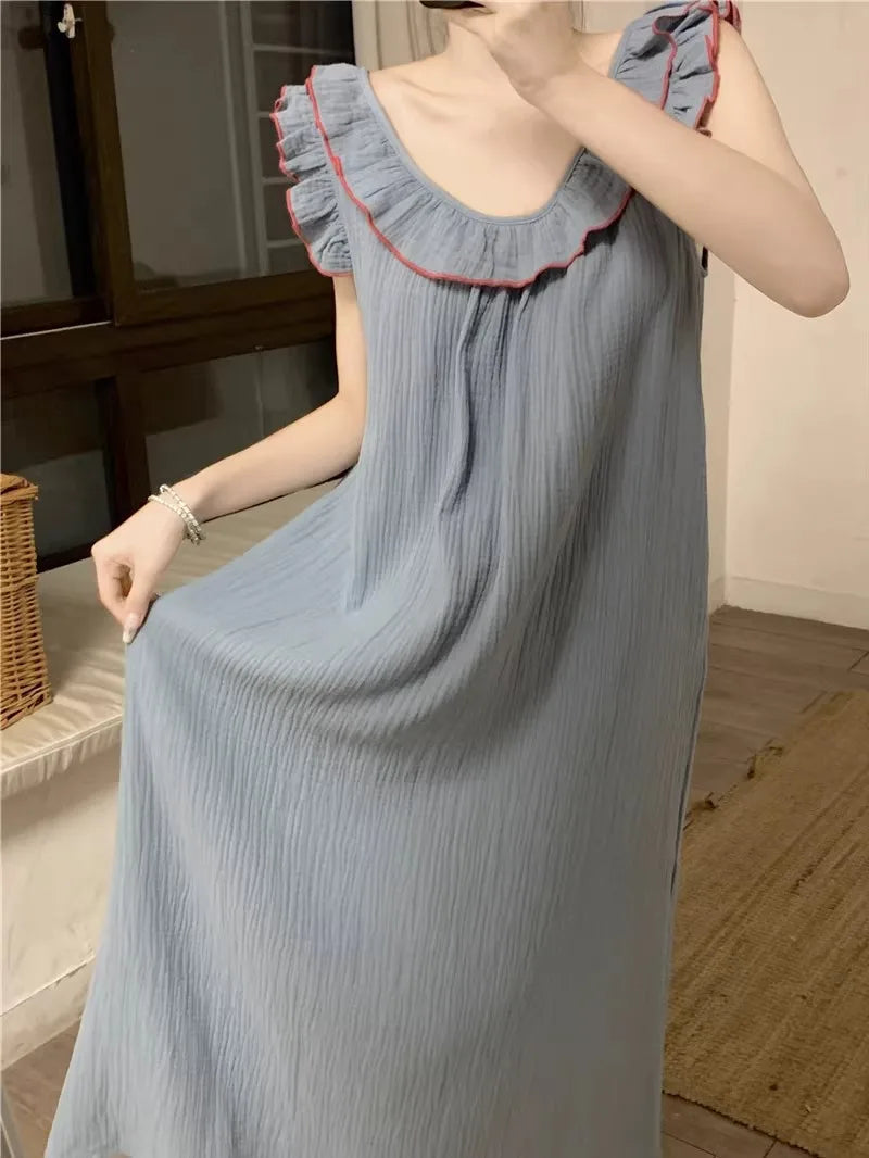 Women's Pajamas Dress Sexy Backless Nightgown Sleeveless Ruffles Loose Sleepwear Loungewear Ladies Solid Nightwear Homewear