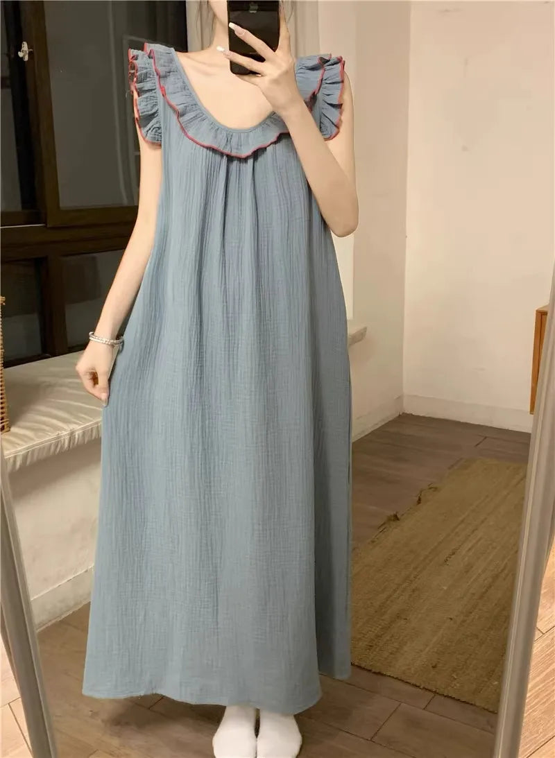 Women's Pajamas Dress Sexy Backless Nightgown Sleeveless Ruffles Loose Sleepwear Loungewear Ladies Solid Nightwear Homewear