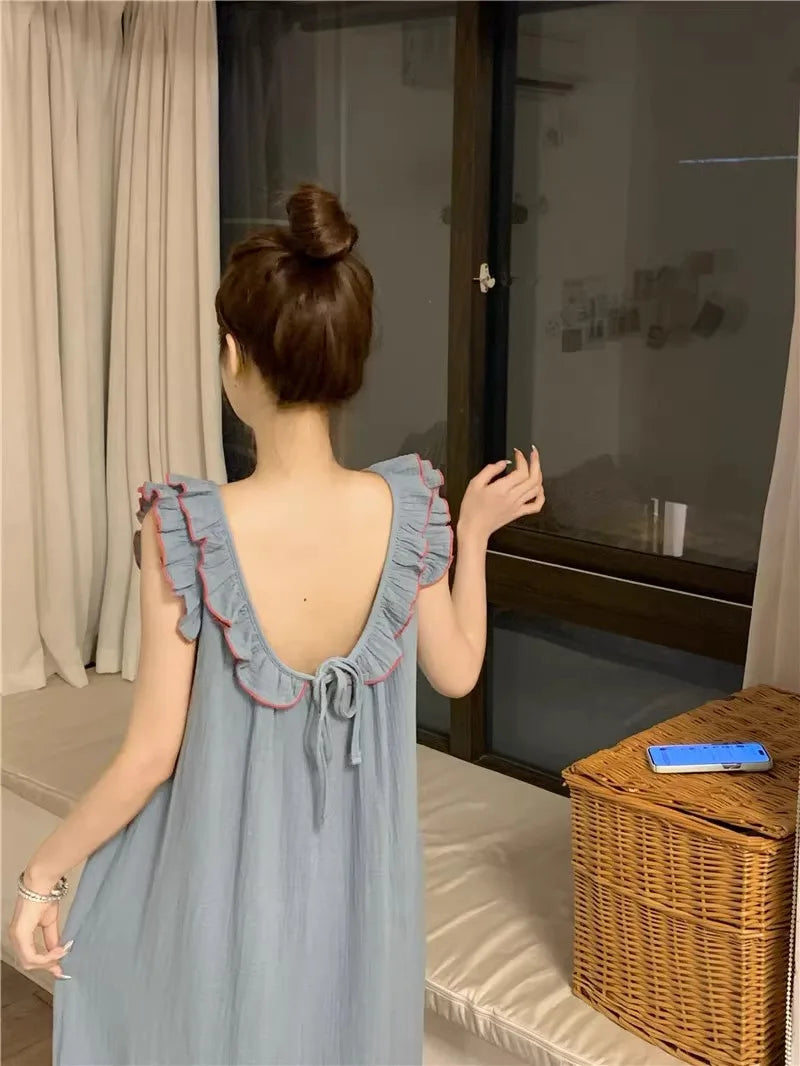Women's Pajamas Dress Sexy Backless Nightgown Sleeveless Ruffles Loose Sleepwear Loungewear Ladies Solid Nightwear Homewear