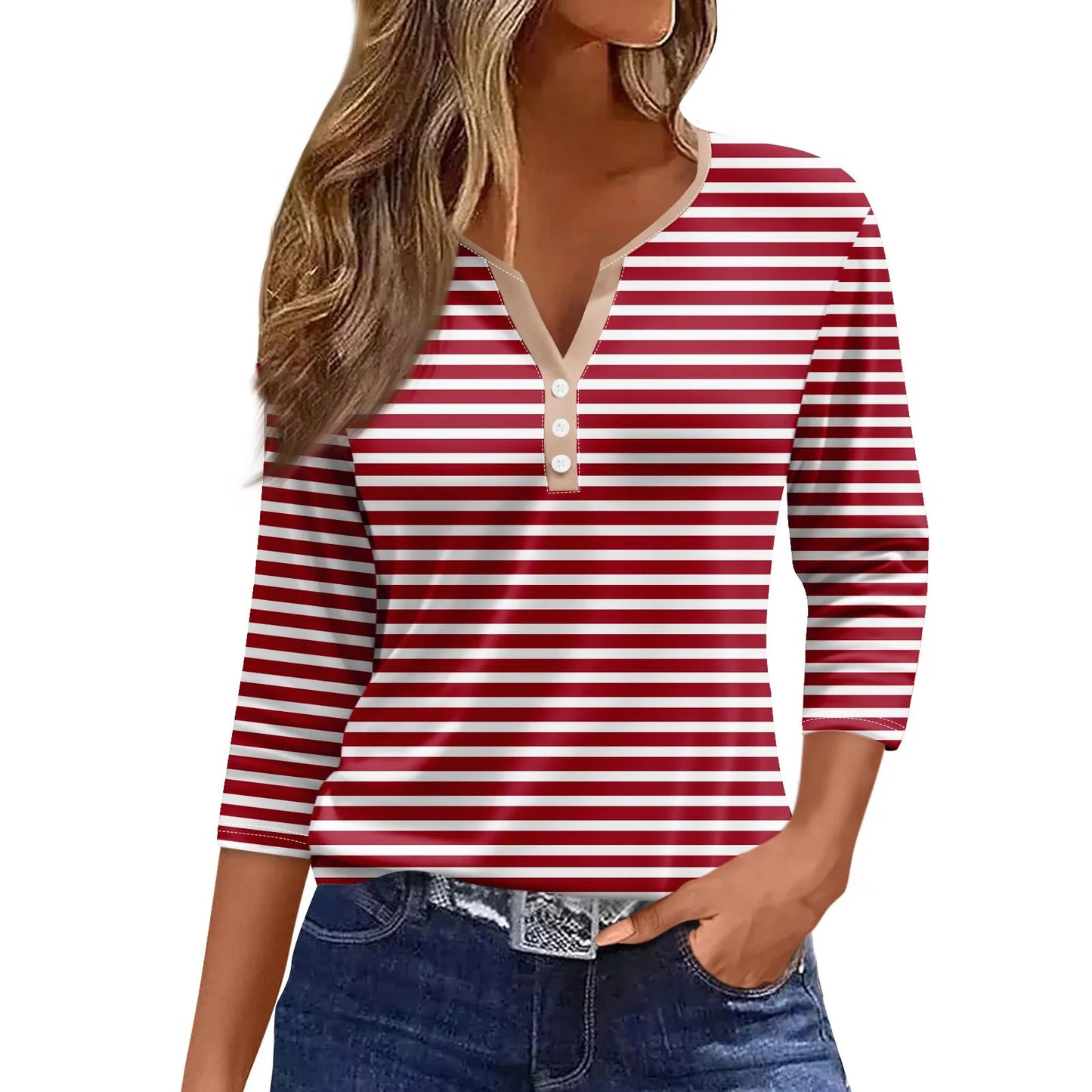Tops For Women Women'S T Shirt Tee Print Button 3/4 Sleeve Daily Weekend Fashion Basic V Neck Regular Top Ropa De Mujer New