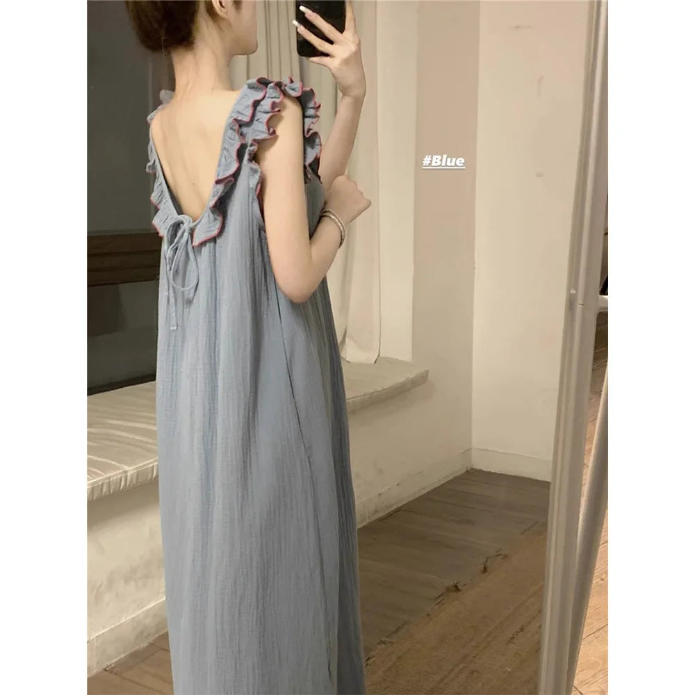Women's Pajamas Dress Sexy Backless Nightgown Sleeveless Ruffles Loose Sleepwear Loungewear Ladies Solid Nightwear Homewear