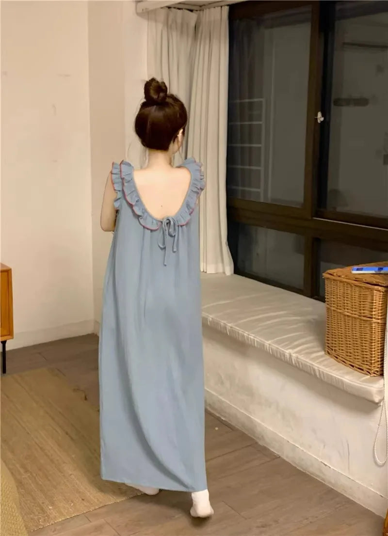 Women's Pajamas Dress Sexy Backless Nightgown Sleeveless Ruffles Loose Sleepwear Loungewear Ladies Solid Nightwear Homewear