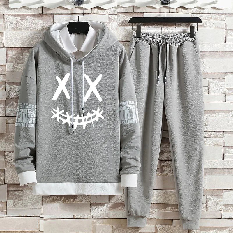 Hoodie set early autumn new casual men's thin hoodie men's trendy printed casual set