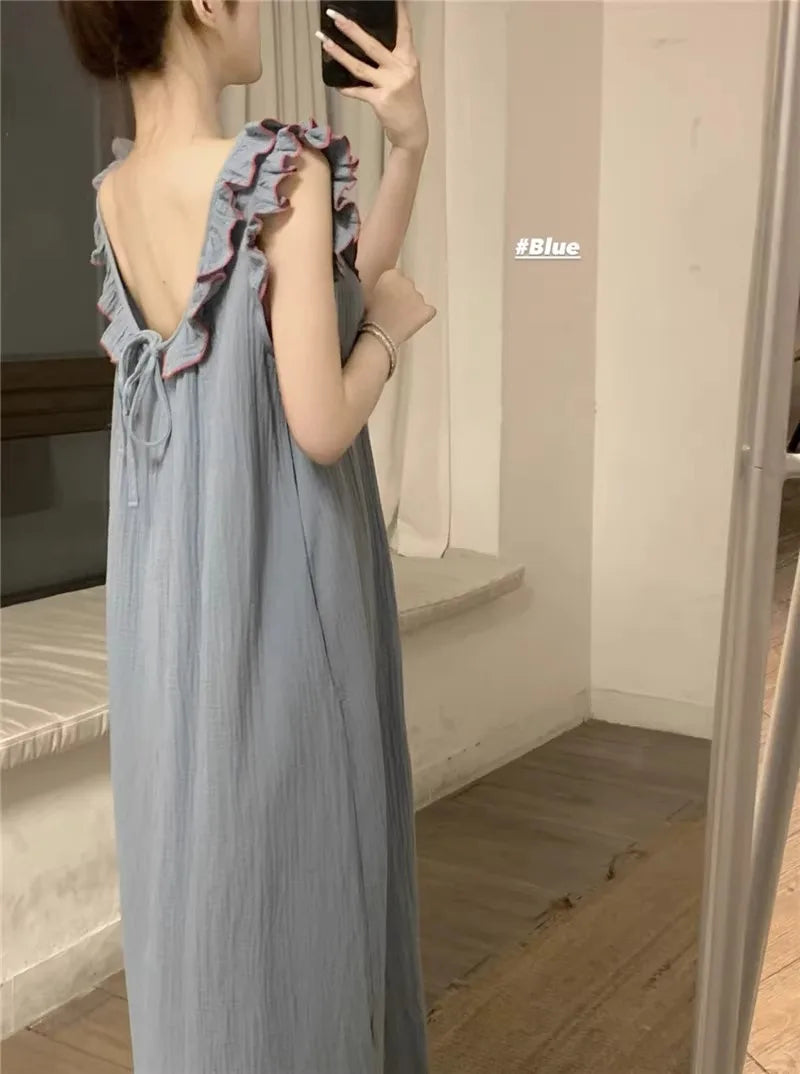Women's Pajamas Dress Sexy Backless Nightgown Sleeveless Ruffles Loose Sleepwear Loungewear Ladies Solid Nightwear Homewear